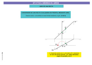 GIRO DE UNA RECTA
r´
e´-A´
e´´
A´´
B´´
B´B1´
3. Haciendo centro en e´ y de radio e´B´, trazamos
un arco de forma que B ´ y A´ estén alineados
según la paralela a la LT
1
CONVERSIÓN DE UNA RECTA CUALQUIERA EN FRONTAL MEDIANTE GIRO.
Dada la recta r, convertirla en recta frontal mediante un giro. (4 de 6)
r´´
Vr´´
Hr´
DT II T8. S. DIÉDRICO I. INTERSECCIONES ENTRE PLANOS Y RECTASDT II T8. S. DIÉDRICO I. INTERSECCIONES ENTRE PLANOS Y RECTASDT II T10 S. DIÉDRICO III. GIROS
 
