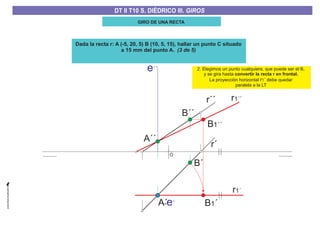GIRO DE UNA RECTA
Dada la recta r: A (-5, 20, 5) B (10, 5, 15), hallar un punto C situado
a 15 mm del punto A. (3 de 5)
O
B1´´
r1´
r1´´
B1´
2. Elegimos un punto cualquiera, que puede ser el B,
y se gira hasta
La proyección horizontal ´ debe quedar
paralela a la LT
convertir la recta r en frontal.
r1
A-e´
e´´
B´´
A´
B´
A´´
r´´
r´
DT II T8. S. DIÉDRICO I. INTERSECCIONES ENTRE PLANOS Y RECTASDT II T8. S. DIÉDRICO I. INTERSECCIONES ENTRE PLANOS Y RECTASDT II T10 S. DIÉDRICO III. GIROS
 