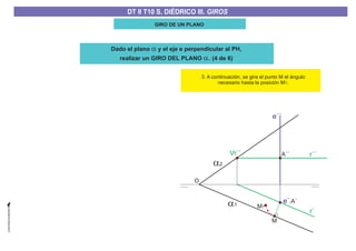 GIRO DE UN PLANO
a2
a1
e´´
e´-A´
M
M1
A´´ r´´Vr´´
r´
3. A continuación, se gira el punto M el ángulo
necesario hasta la posición M .1
O
Dado el plano y el eje e perpendicular al PH,
realizar un GIRO DEL PLANO
a
a. (4 de 6)
DT II T8. S. DIÉDRICO I. INTERSECCIONES ENTRE PLANOS Y RECTASDT II T8. S. DIÉDRICO I. INTERSECCIONES ENTRE PLANOS Y RECTASDT II T10 S. DIÉDRICO III. GIROS
 