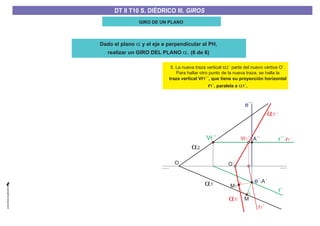 GIRO DE UN PLANO
5. La nueva traza vertical ´ parte del nuevo vértice O´.
Para hallar otro punto de la nueva traza, se halla la
a
a
2
traza vertical V ´´, que tiene su proyección horizontal
´, paralela a ´.
r
r
1
1 1
a2
a1
a1´
a1´´
e´´
e´-A´
M
O´O
A´´ r´´-r1´´Vr´´ Vr ´´1
r´
r ´1
M1
Dado el plano y el eje e perpendicular al PH,
realizar un GIRO DEL PLANO
a
a. (6 de 6)
DT II T8. S. DIÉDRICO I. INTERSECCIONES ENTRE PLANOS Y RECTASDT II T8. S. DIÉDRICO I. INTERSECCIONES ENTRE PLANOS Y RECTASDT II T10 S. DIÉDRICO III. GIROS
 