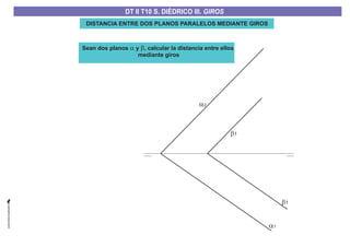 a1
b1
b1
a2
DISTANCIA ENTRE DOS PLANOS PARALELOS MEDIANTE GIROS
Sean dos planos y , calcular la distancia entre ellos
mediante giros
a b
DT II T8. S. DIÉDRICO I. INTERSECCIONES ENTRE PLANOS Y RECTASDT II T8. S. DIÉDRICO I. INTERSECCIONES ENTRE PLANOS Y RECTASDT II T10 S. DIÉDRICO III. GIROS
 