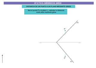 Sea el punto P y el plano , calcular la distancia
entre ellos mediante giros
a
a1
DISTANCIA DE UN PUNTO A UN PLANO MEDIANTE GIROS
P´
P´´
a2
DT II T8. S. DIÉDRICO I. INTERSECCIONES ENTRE PLANOS Y RECTASDT II T8. S. DIÉDRICO I. INTERSECCIONES ENTRE PLANOS Y RECTASDT II T10 S. DIÉDRICO III. GIROS
 