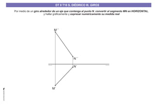 Por medio de un , ,
y hallar gráficamente y
giro alrededor de un eje que contenga al punto N convertir al segmento MN en HORIZONTAL
expresar numéricamente su medida real
M´´
M´
N´´
N´
DT II T8. S. DIÉDRICO I. INTERSECCIONES ENTRE PLANOS Y RECTASDT II T8. S. DIÉDRICO I. INTERSECCIONES ENTRE PLANOS Y RECTASDT II T10 S. DIÉDRICO III. GIROS
 