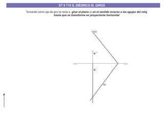 Tomando como eje de giro la recta e, girar el plano en el sentido inverso a las agujas del reloj
hasta que se transforme en proyectante horizontal
a
a1
a2
e´
e´´
DT II T8. S. DIÉDRICO I. INTERSECCIONES ENTRE PLANOS Y RECTASDT II T8. S. DIÉDRICO I. INTERSECCIONES ENTRE PLANOS Y RECTASDT II T10 S. DIÉDRICO III. GIROS
 
