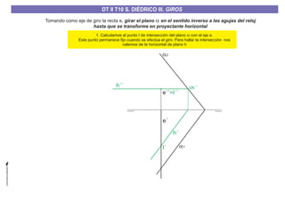 Tomando como eje de giro la recta e, girar el plano en el sentido inverso a las agujas del reloj
hasta que se transforme en proyectante horizontal
a
a1
a2
e´
I´
h´´ Vh´´
h´
e´´=I´´
1. Calculamos el punto I de intersección del plano con el eje e.
Este punto permanece fijo cuando se efectúa el giro. Para hallar la intersección nos
valemos de la horizontal de plano h
a
DT II T8. S. DIÉDRICO I. INTERSECCIONES ENTRE PLANOS Y RECTASDT II T8. S. DIÉDRICO I. INTERSECCIONES ENTRE PLANOS Y RECTASDT II T10 S. DIÉDRICO III. GIROS
 