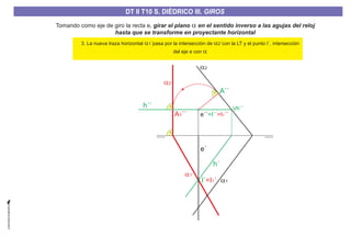 Tomando como eje de giro la recta e, girar el plano en el sentido inverso a las agujas del reloj
hasta que se transforme en proyectante horizontal
a
a1
a2
a2´
a1´
e´
I´=I ´1
h´´
A´´
A ´´1
Vh´´
h´
e´´=I´´=I ´´1
3. La nueva traza horizontal ´pasa por la intersección de ´con la LT y el punto I´, intersección
del eje e con
a a
a
1 2
DT II T8. S. DIÉDRICO I. INTERSECCIONES ENTRE PLANOS Y RECTASDT II T8. S. DIÉDRICO I. INTERSECCIONES ENTRE PLANOS Y RECTASDT II T10 S. DIÉDRICO III. GIROS
 