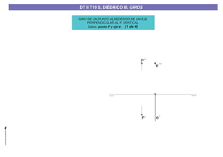 GIRO DE UN PUNTO ALREDEDOR DE UN EJE
PERPENDICULAR AL P. VERTICAL
Datos: punto P y eje e (1 de 4)
P´´
e´´
e´P´
DT II T8. S. DIÉDRICO I. INTERSECCIONES ENTRE PLANOS Y RECTASDT II T8. S. DIÉDRICO I. INTERSECCIONES ENTRE PLANOS Y RECTASDT II T10 S. DIÉDRICO III. GIROS
 