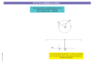 P´´
e´´
e´
a1
2. Por la proyección horizontal P´´, se traza una paralela
a la LT, traza horizontal del plano que contiene a la
circunferencia del giro
a1
P´
GIRO DE UN PUNTO ALREDEDOR DE UN EJE
PERPENDICULAR AL P. VERTICAL
Datos: punto P y eje e (3 de 4)
DT II T8. S. DIÉDRICO I. INTERSECCIONES ENTRE PLANOS Y RECTASDT II T8. S. DIÉDRICO I. INTERSECCIONES ENTRE PLANOS Y RECTASDT II T10 S. DIÉDRICO III. GIROS
P1´´
 