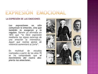 LA EXPRESIÓN DE LAS EMOCIONES

Las
expresiones
no
sólo
comunican la emoción, sino que
también la exageran y la
regulan. Darwin ya afirmaba en
1872 que “la libre expresión
mediante los signos externos de
una emoción la intensifica…
Aquel que realiza gestos de
violencia aumentará su furia”.
En
multitud
de
estudios
realizados a partir de los años 70
se ha comprobado que el
movimiento del rostro despierta las emociones.

 