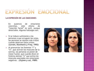 LA EXPRESIÓN DE LAS EMOCIONES
En
ausencia
de
emociones
concretas,
este
efecto
de
“reacción facial” es sutil, aunque
detectable. Algunos hallazgos son:




Si se induce sutilmente a las
personas a que arruguen las cejas,
las personas se sienten más tristes
cuando observan fotos tristes
(Larsen, Kasimatis y Frey, 1992)
Al pronunciar los fonemas “i” y
“a”, que activan los músculos de la
sonrisa, las personas se ponen de
mejor humor, que cuando dicen el
fonema aleman “ü” que activa los
músculos asociados con emociones
negativas . (Zajone y col, 1989)

 