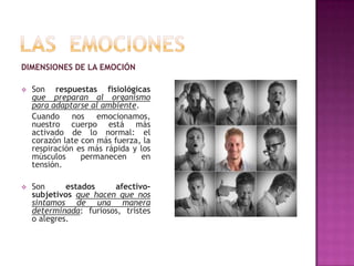 DIMENSIONES DE LA EMOCIÓN


Son respuestas fisiológicas
que preparan al organismo
para adaptarse al ambiente.
Cuando nos emocionamos,
nuestro cuerpo está más
activado de lo normal: el
corazón late con más fuerza, la
respiración es más rápida y los
músculos
permanecen
en
tensión.



Son
estados
afectivosubjetivos que hacen que nos
sintamos de una manera
determinada: furiosos, tristes
o alegres.

 