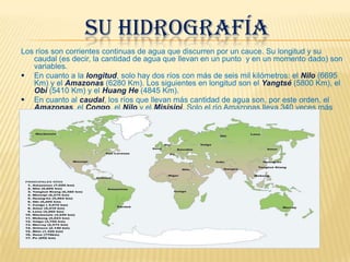 Las depresiones o zonas que se encuentran más bajas que el nivel del mar. La más baja es la del Mar Muerto (Jordania).SUS CLIMASEn la Tierra se distinguen tres grandes zonas climáticas:La zona de climas cálidos, cuyos principales tipos de clima son el ecuatorial, el tropical lluvioso, el tropical seco y el desértico.