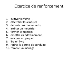 Exercice de renforcement
1. cultiver la vigne
2. électrifier les clôtures
3. démolir des monuments
4. arrêter un meurtrier
5. fermer le magasin
6. émettre clandestinement
7. envoyer un paquet
8. lire un livre
9. retirer le permis de conduire
10. rompre un mariage
 