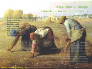 Millet: Las espigadoras, 1857
el realismo en europa
la novela en los ee.uu. (s. xix/ii)
Generalidades del Realismo. El triunfo de la novela
Realistas franceses
El Naturalismo
Realismo inglés
Rusia en el XIX
El Realismo en España
El Realismo en Portugal e Italia
Otros realistas europeos
Novela estadounidense en la 2ª mitad del XIX
Temario PAU
La Biblia
Épica grecolatina: Homero, Virgilio
El teatro en la Antigüedad: tragedia griega, comedia latina
Narrativa medieval: la canción de gesta y el roman courtois (materia artúrica)
Lírica medieval. I.- Los trovadores; II.- Petrarca
Teatro clásico europeo: Shakespeare, Molière, Calderón...
La Ilustración
El Romanticismo. I.- Visión general; II.- Lírica romántica
El Realismo: grandes novelistas franceses, ingleses, rusos, españoles...
Estéticas del cambio de siglo (XIX-XX): el Simbolismo
Crisis estética de la Modernidad: las Vanguardias
El teatro en los siglos XIX-XX: del drama romántico al teatro del absurdo (visión general)
Tendencias de la novela en el siglo XX: principales autores y obras
 