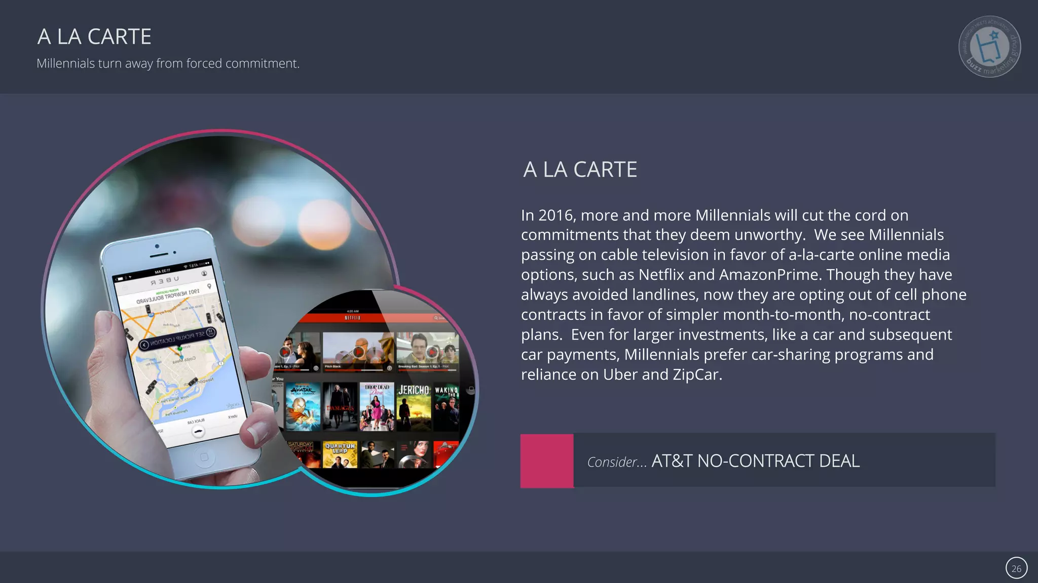 Se7en - Creative Powerpoint Template 26
A LA CARTE
Millennials turn away from forced commitment.
In 2016, more and more Millennials will cut the cord on
commitments that they deem unworthy. We see Millennials
passing on cable television in favor of a-la-carte online media
options, such as Netﬂix and AmazonPrime. Though they have
always avoided landlines, now they are opting out of cell phone
contracts in favor of simpler month-to-month, no-contract
plans. Even for larger investments, like a car and subsequent
car payments, Millennials prefer car-sharing programs and
reliance on Uber and ZipCar.
A LA CARTE
Consider… AT&T NO-CONTRACT DEAL
 