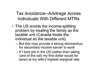 Tax Avoidance--Arbitrage Across
Individuals With Different MTRs
•  The US avoids the income-splitting
problem by treating the family as the
taxable unit (Canada treats the
individual as the taxable unit)
– But this may provide a strong disincentive
for secondary income earner to work
– If I took job in the US (rather than taking
care of the cat) my first dollar would be
taxed at my wife’s highest marginal rate
 