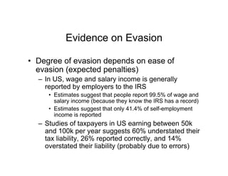 Evidence on Evasion
•  Degree of evasion depends on ease of
evasion (expected penalties)
–  In US, wage and salary income is generally
reported by employers to the IRS
•  Estimates suggest that people report 99.5% of wage and
salary income (because they know the IRS has a record)
•  Estimates suggest that only 41.4% of self-employment
income is reported
–  Studies of taxpayers in US earning between 50k
and 100k per year suggests 60% understated their
tax liability, 26% reported correctly, and 14%
overstated their liability (probably due to errors)
 