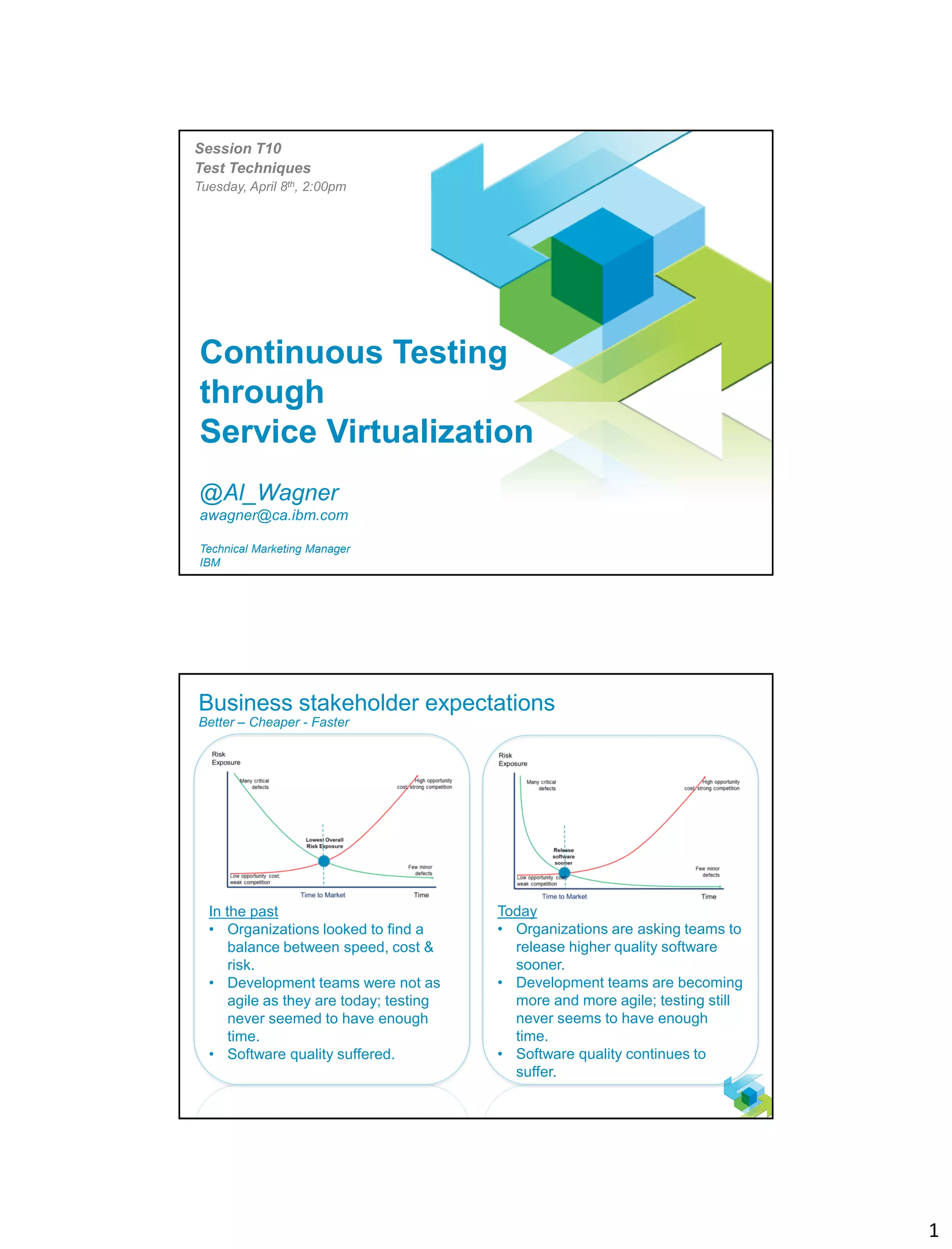 1
Continuous Testing
through
Service Virtualization
@Al_Wagner
awagner@ca.ibm.com
Technical Marketing Manager
IBM
Session T10
Test Techniques
Tuesday, April 8th, 2:00pm
1
Business stakeholder expectations
Better – Cheaper - Faster
In the past
• Organizations looked to find a
balance between speed, cost &
risk.
• Development teams were not as
agile as they are today; testing
never seemed to have enough
time.
• Software quality suffered.
Today
• Organizations are asking teams to
release higher quality software
sooner.
• Development teams are becoming
more and more agile; testing still
never seems to have enough
time.
• Software quality continues to
suffer.
 