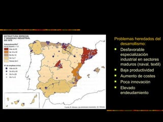 Problemas heredados del
desarrollismo:
 Desfavorable
especialización
industrial en sectores
maduros (naval, textil)
 Baja productividad
 Aumento de costes
 Poca innovación
 Elevado
endeudamiento
 