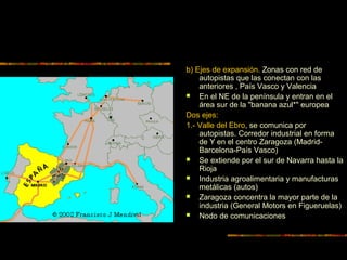 b) Ejes de expansión. Zonas con red de
autopistas que las conectan con las
anteriores , País Vasco y Valencia
 En el NE de la península y entran en el
área sur de la "banana azul*" europea
Dos ejes:
1.- Valle del Ebro, se comunica por
autopistas. Corredor industrial en forma
de Y en el centro Zaragoza (Madrid-
Barcelona-País Vasco)
 Se extiende por el sur de Navarra hasta la
Rioja
 Industria agroalimentaria y manufacturas
metálicas (autos)
 Zaragoza concentra la mayor parte de la
industria (General Motors en Figueruelas)
 Nodo de comunicaciones
 