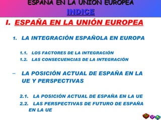 ESPAÑA EN LA UNIÓN EUROPEA INDICE ESPAÑA EN LA UNIÓN EUROPEA 1.  LA INTEGRACIÓN ESPAÑOLA EN EUROPA 1.1.  LOS FACTORES DE LA INTEGRACIÓN 1.2.  LAS CONSECUENCIAS DE LA INTEGRACIÓN LA POSICIÓN ACTUAL DE ESPAÑA EN LA UE Y PERSPECTIVAS 2.1.  LA POSICIÓN ACTUAL DE ESPAÑA EN LA UE 2.2.  LAS PERSPECTIVAS DE FUTURO DE ESPAÑA EN LA UE 