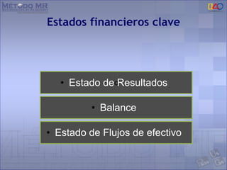 Estados financieros clave
c
• Estado de Resultados
• Balance
• Estado de Flujos de efectivo
 