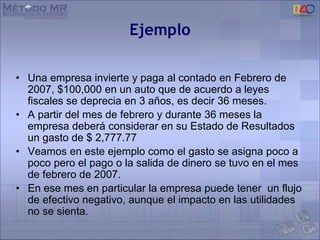 Ejemplo
• Una empresa invierte y paga al contado en Febrero de
2007, $100,000 en un auto que de acuerdo a leyes
fiscales se deprecia en 3 años, es decir 36 meses.
• A partir del mes de febrero y durante 36 meses la
empresa deberá considerar en su Estado de Resultados
un gasto de $ 2,777.77
• Veamos en este ejemplo como el gasto se asigna poco a
poco pero el pago o la salida de dinero se tuvo en el mes
de febrero de 2007.
• En ese mes en particular la empresa puede tener un flujo
de efectivo negativo, aunque el impacto en las utilidades
no se sienta.
 
