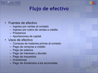 Flujo de efectivo
• Fuentes de efectivo
– Ingreso por ventas al contado
– Ingreso por cobro de ventas a crédito
– Prestamos
– Aportaciones de capital
• Usos de efectivo
– Compras de materias primas al contado
– Pago de compras a crédito
– Pago de salarios
– Pago de intereses y deudas
– Pago de impuestos
– Inversiones
– Pago de dividendos a los accionistas
 