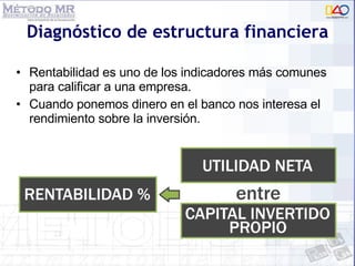 Diagnóstico de estructura financiera Rentabilidad es uno de los indicadores más comunes para calificar a una empresa. Cuando ponemos dinero en el banco nos interesa el rendimiento sobre la inversión. 