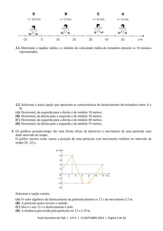 Teste Sumativo de FQA | 11º A | 15.OUTUBRO.2014 | Página 3 de 10
2.1. Determine a rapidez média e o módulo da velocidade média da treinadora durante os 10 minutos
representados.
2.2. Selecione a única opção que apresenta as características do deslocamento da treinadora entre A e
D.
(A) Horizontal, da esquerda para a direita e de módulo 10 metros.
(B) Horizontal, da direita para a esquerda e de módulo 50 metros.
(C) Horizontal, da esquerda para a direita e de módulo 60 metros.
(D) Horizontal, da direita para a esquerda e de módulo 55 metros.
3. Os gráficos posição-tempo são uma forma eficaz de descrever o movimento de uma partícula num
dado intervalo de tempo.
O gráfico mostra como variou a posição de uma partícula com movimento retilíneo no intervalo de
tempo [0; 12] s.
Selecione a opção correta.
(A) O valor algébrico do deslocamento da partícula durante os 12 s do movimento é 2 m.
(B) A partícula nunca inverte o sentido.
(C) Dos 6 s aos 12 s o deslocamento é nulo.
(D) A distância percorrida pela partícula em 12 s é 10 m.
 
