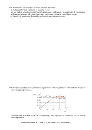 Teste Sumativo de FQA | 11º A | 15.OUTUBRO.2014 | Página 9 de 10
14.2. Fundamente a escolha feita na alínea anterior, indicando:
- as razões que levaram a eliminar as restantes opções;
- em que medida a montagem experimental selecionada é a adequada à concretização da experiência;
- as forças que atuaram sobre o carrinho, antes e depois do embate do corpo B com o solo;
- o(s) tipo(s) de movimento do carrinho, ao longo do percurso considerado.
14.3. Com os dados fornecidos pelo sensor, a professora obteve o gráfico da velocidade em função do
tempo a seguir apresentado.
Com base nele selecione o gráfico, posição tempo, que representa o movimento do carrinho no
referido percurso.
 