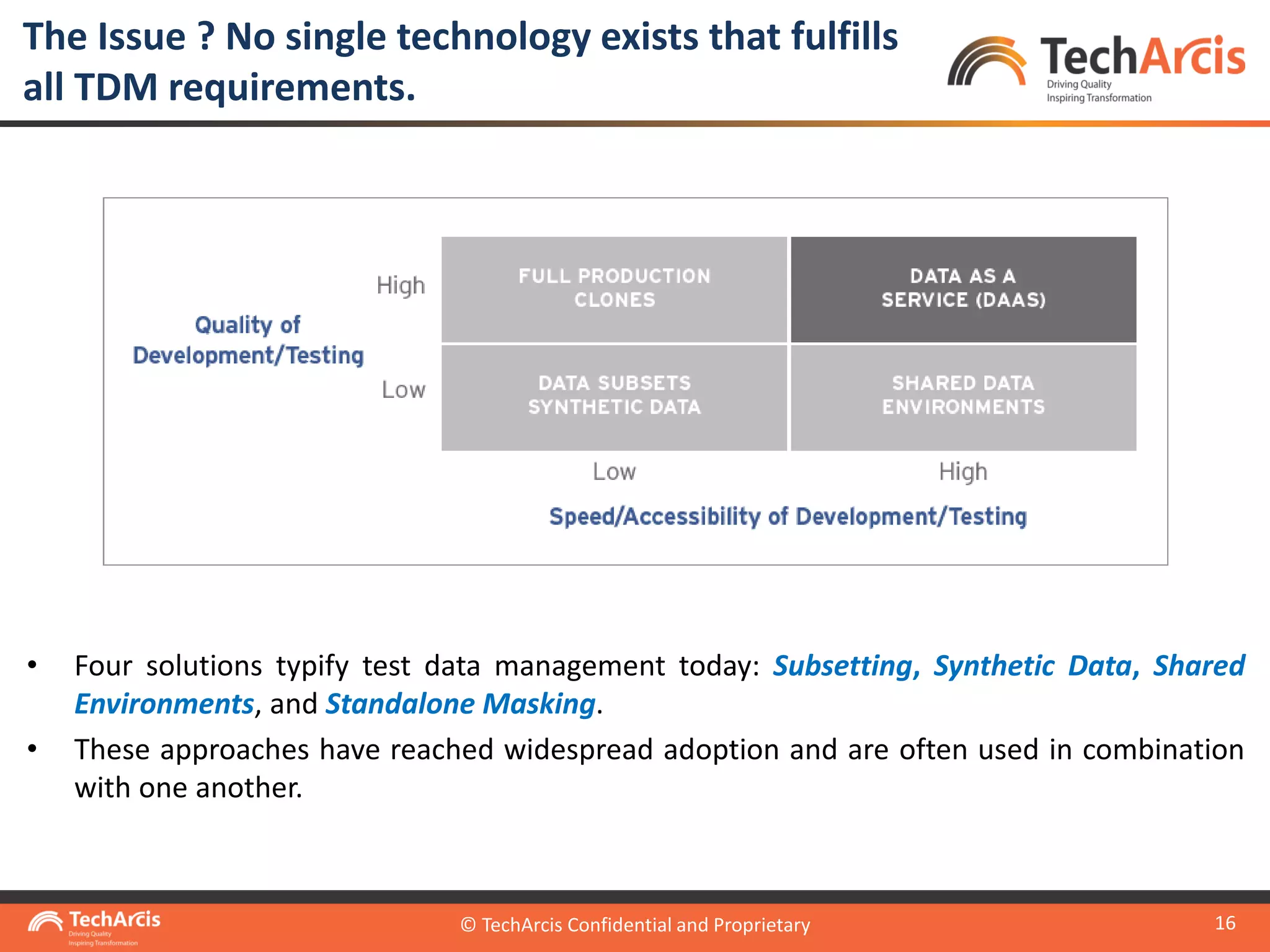 © TechArcis Confidential and Proprietary
16
The Issue ? No single technology exists that fulfills
all TDM requirements.
© TechArcis Confidential and Proprietary
• Four solutions typify test data management today: Subsetting, Synthetic Data, Shared
Environments, and Standalone Masking.
• These approaches have reached widespread adoption and are often used in combination
with one another.
 