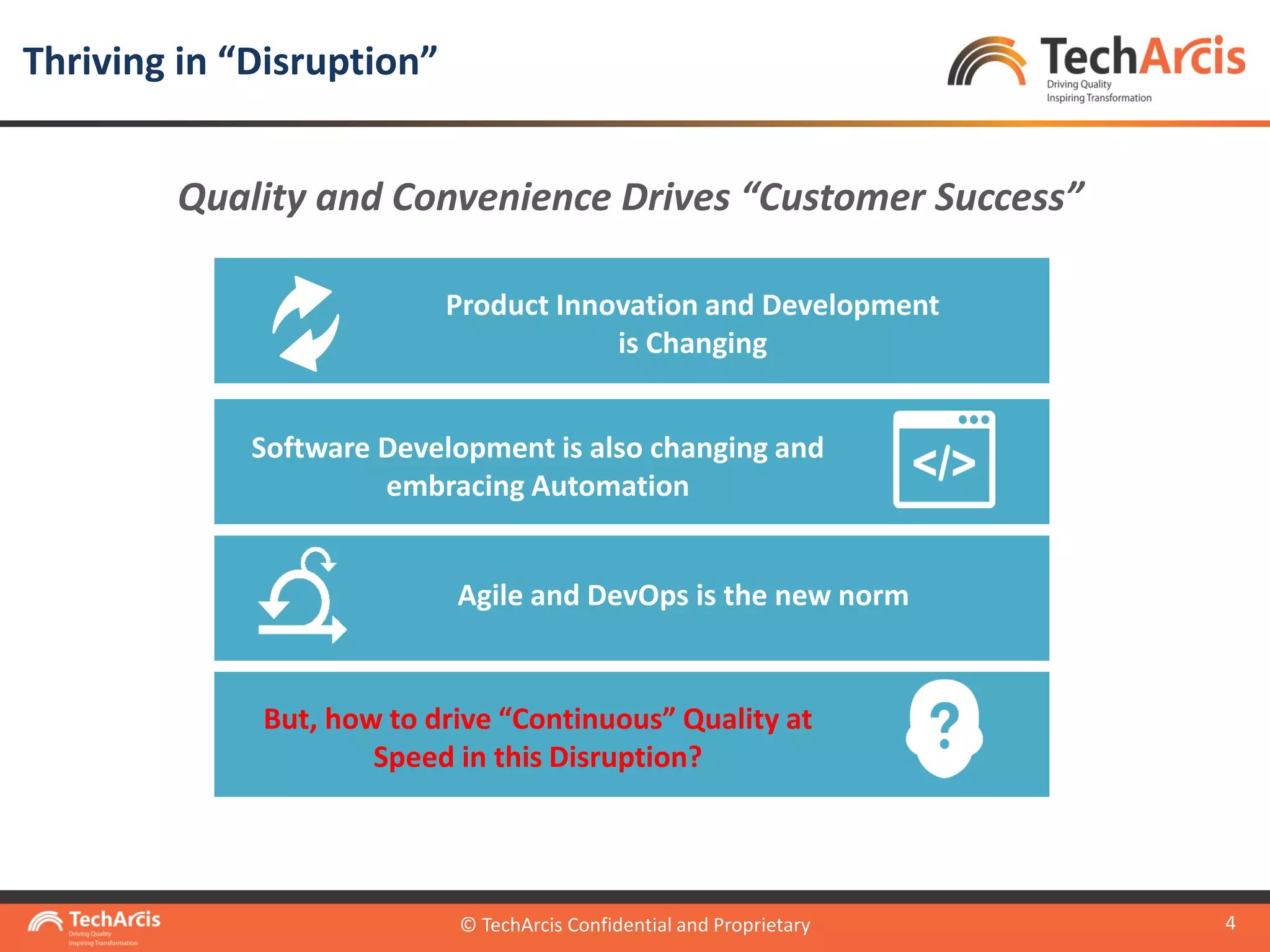 © TechArcis Confidential and Proprietary
4
Thriving in “Disruption”
© TechArcis Confidential and Proprietary
Quality and Convenience Drives “Customer Success”
Product Innovation and Development
is Changing
Software Development is also changing and
embracing Automation
Agile and DevOps is the new norm
But, how to drive “Continuous” Quality at
Speed in this Disruption?
 