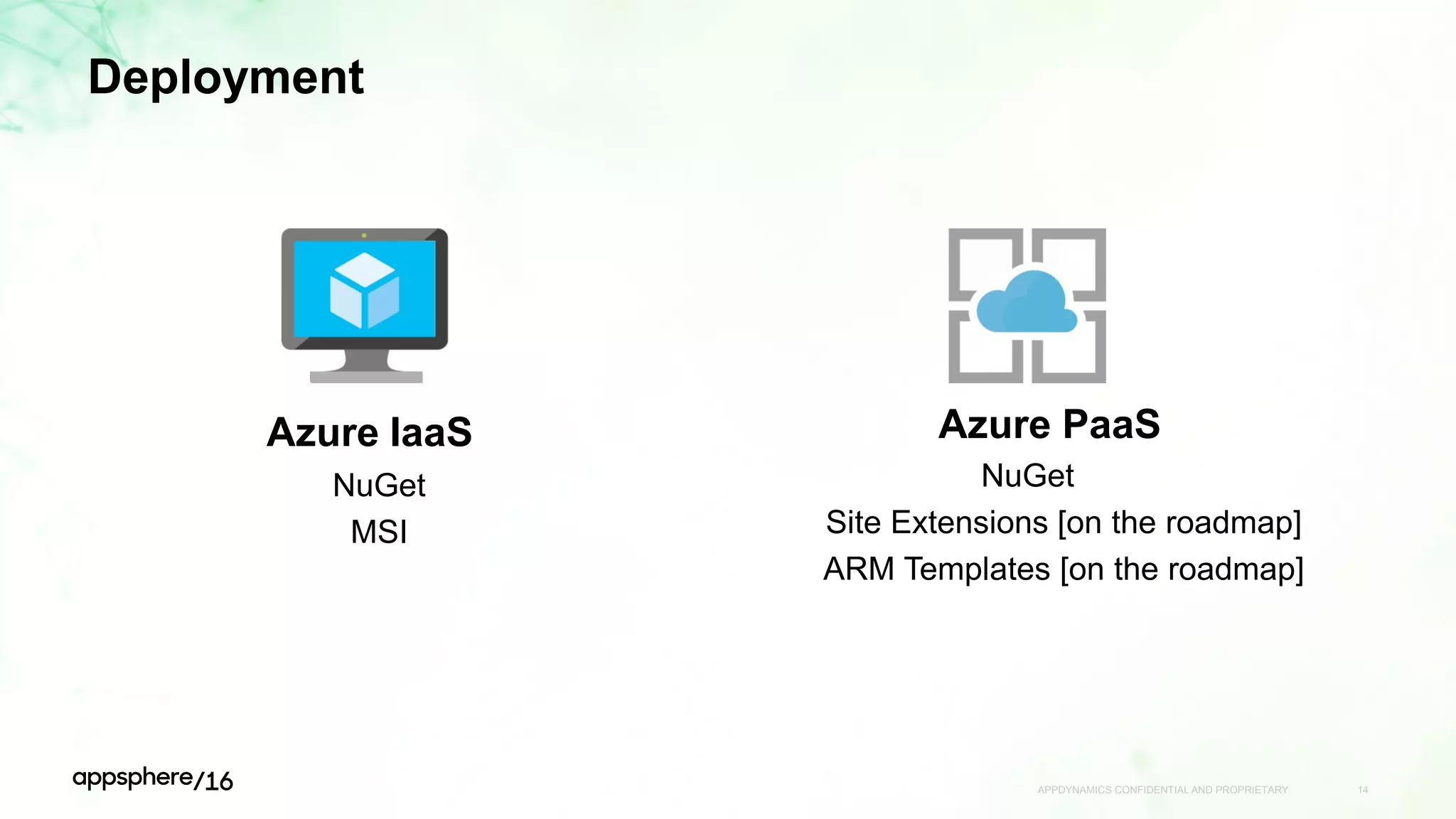 Deployment
Azure IaaS
NuGet
MSI
APPDYNAMICS CONFIDENTIAL AND PROPRIETARY 14
Azure PaaS
NuGet
Site Extensions [on the roadmap]
ARM Templates [on the roadmap]
 