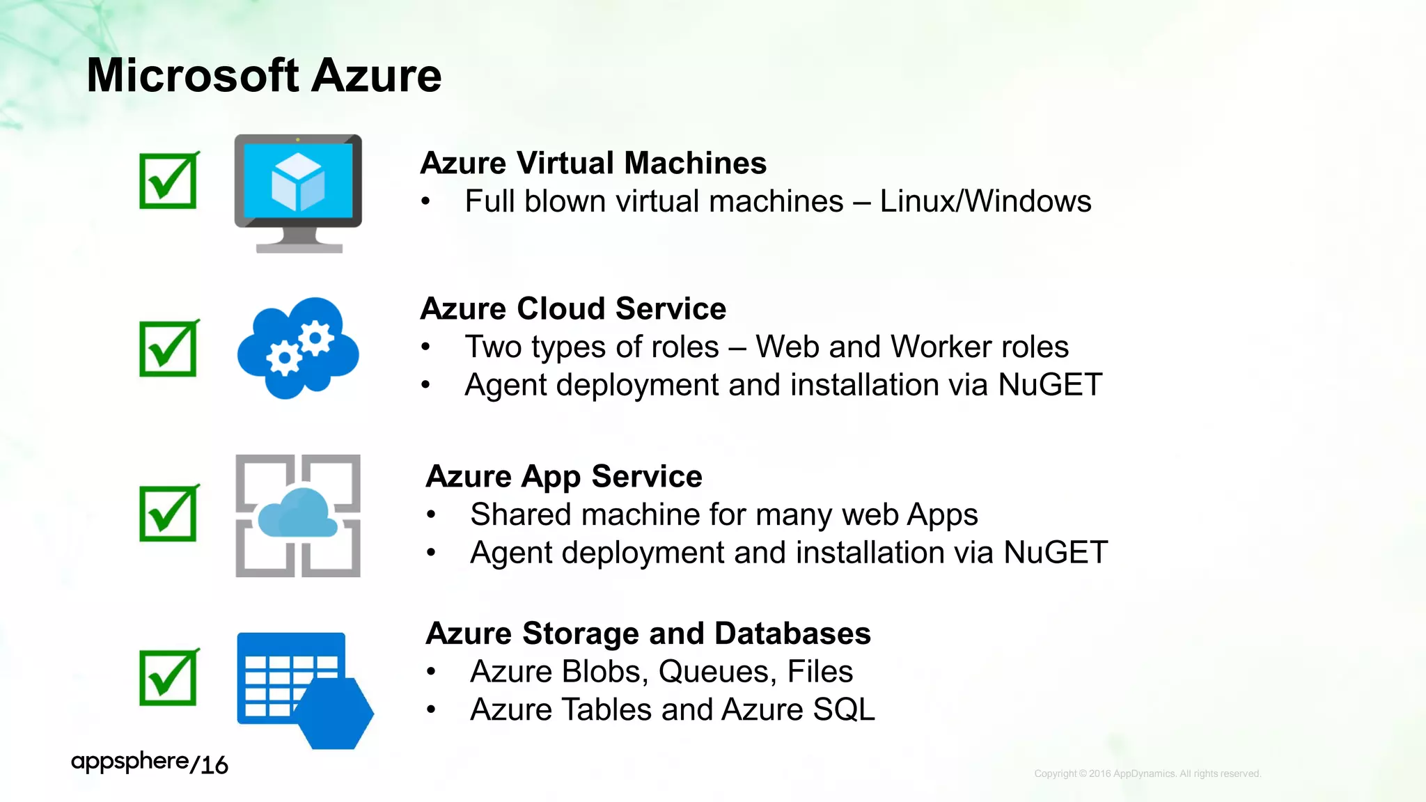 Microsoft Azure
Copyright © 2016 AppDynamics. All rights reserved.
Azure Virtual Machines
• Full blown virtual machines – Linux/Windows
Azure Cloud Service
• Two types of roles – Web and Worker roles
• Agent deployment and installation via NuGET
Azure App Service
• Shared machine for many web Apps
• Agent deployment and installation via NuGET
Azure Storage and Databases
• Azure Blobs, Queues, Files
• Azure Tables and Azure SQL
 