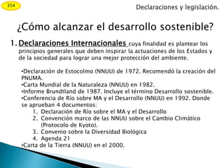 Declaraciones y legislación.
¿Cómo alcanzar el desarrollo sostenible?
354
1. Declaraciones Internacionales cuya finalidad es plantear los
principios generales que deben inspirar la actuaciones de los Estados y
de la sociedad para lograr una mejor protección del ambiente.
•Declaración de Estocolmo (NNUU) de 1972. Recomendó la creación del
PNUMA.
•Carta Mundial de la Naturaleza (NNUU) en 1982.
•Informe Brundtland de 1987. Incluye el término Desarrollo sostenible.
•Conferencia de Río sobre MA y el Desarrollo (NNUU) en 1992. Donde
se aprueban 4 documentos:
1. Declaración de Río sobre el MA y el Desarrollo
2. Convención marco de las NNUU sobre el Cambio Climático
(Protocolo de Kyoto).
3. Convenio sobre la Diversidad Biológica
4. Agenda 21
•Carta de la Tierra (NNUU) en el 2000.
 