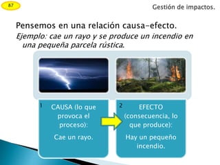 Pensemos en una relación causa-efecto.
Ejemplo: cae un rayo y se produce un incendio en
una pequeña parcela rústica.
CAUSA (lo que
provoca el
proceso):
Cae un rayo.
EFECTO
(consecuencia, lo
que produce):
Hay un pequeño
incendio.
1 2
Gestión de impactos.87
 