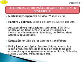  Mortalidad y esperanza de vida. 75años vs. 54.
 Hambre y pobreza. Exceso del 30% vs. Déficit del 20%.
 Agua potable e instalaciones sanitarias. 50% de la
población no tiene acceso a unas instalaciones
sanitarias mínimamente higiénicas, un 20% no tiene
acceso a agua potable.
 Educación: un 25% de los adultos es analfabeto.
 PNB y Renta per cápita. Estados Unidos, Alemania y
Japón producen más de la mitad de toda la riqueza
económica que se genera en el mundo. Suiza, Finlandia,
Suecia 20.000$. Mozambique 80$.
DIFERENCIAS ENTRE PAÍSES DESARROLLADOS Y EN
DESARROLLO
362
 