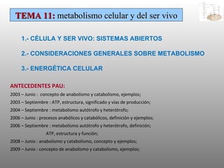 TEMA 11:  metabolismo celular y del ser vivo 1.- CÉLULA Y SER VIVO: SISTEMAS ABIERTOS 2.- CONSIDERACIONES GENERALES SOBRE METABOLISMO 3.- ENERGÉTICA CELULAR ANTECEDENTES PAU: 2003 – Junio :  concepto de anabolismo y catabolismo, ejemplos; 2003 – Septiembre : ATP, estructura, significado y vías de producción; 2004 – Septiembre : metabolismo autótrofo y heterótrofo; 2006 – Junio : procesos anabólicos y catabólicos, definición y ejemplos; 2006 – Septiembre : metabolismo autótrofo y heterótrofo, definición;   ATP, estructura y función; 2008 – Junio : anabolismo y catabolismo, concepto y ejemplos; 2009 – Junio : concepto de anabolismo y catabolismo, ejemplos; 