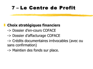 7 –  Le Centre de Profit Choix stratégiques financiers -> Dossier d ’en-cours COFACE -> Dossier d ’affacturage COFACE -> Crédits documentaires irrévocables (avec ou sans confirmation) -> Maintien des fonds sur place. 