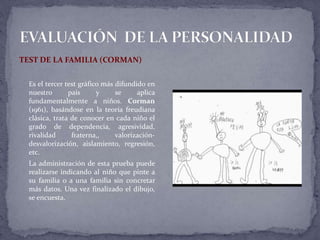 TEST DE LA FAMILIA (CORMAN)
Es el tercer test gráfico más difundido en
nuestro país y se aplica
fundamentalmente a niños. Corman
(1961), basándose en la teoría freudiana
clásica, trata de conocer en cada niño el
grado de dependencia, agresividad,
rivalidad fraterna,, valorización-
desvalorización, aislamiento, regresión,
etc.
La administración de esta prueba puede
realizarse indicando al niño que pinte a
su familia o a una familia sin concretar
más datos. Una vez finalizado el dibujo,
se encuesta.
 