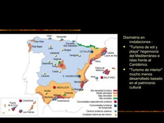 Disimetría en
instalaciones :
 "Turismo de sol y
playa" hegemonía
del Mediterráneo e
Islas frente al
Cantábrico.
 "Turismo de interior"
mucho menos
desarrollado basado
en el patrimonio
cultural
 