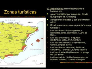 Zonas turísticas
a) Mediterráneo: muy desarrollado el
turismo por.
 su accesibilidad por autopista desde
Europa (por la Junquera)
 aeropuertos dotados y con gran tráfico
aéreo
 Dividido en zonas con su propia "marca
turística":
 La Costa Brava: Playas agrestes y
recortadas, calas, acantilados. LLoret de
Mar...
 La Costa Dorada (Ta) Segundas
residencias. Salou, Port Aventura
 La Costa del Azahar (CS-V) Peñíscola,
Gandía, amplias playas
 La Costa Blanca (Alicante) Benidorm,
Santa Pola, Torrevieja , turismo nacional
 La Costa Cálida (Mu) Mazarrón, La Manga
del Mar menor
 La Costa del Sol (Al-Ma) Suaves temp en
invierno. Marbella, Turismo extranjero
 