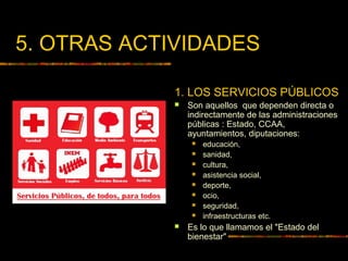 5. OTRAS ACTIVIDADES
1. LOS SERVICIOS PÚBLICOS
 Son aquellos que dependen directa o
indirectamente de las administraciones
públicas : Estado, CCAA,
ayuntamientos, diputaciones:
 educación,
 sanidad,
 cultura,
 asistencia social,
 deporte,
 ocio,
 seguridad,
 infraestructuras etc.
 Es lo que llamamos el "Estado del
bienestar"
 