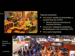 Tipos de comercios:
 minoristas* venden al consumidos o
usuario final son el 64%
 Muchas veces son comercios de
empresas familiares
 mayoristas* adquieren productos y
los distribuyen a los minoristas, 22%
 ferias para mayoristas
Almacén
mayorista de
frutas
y una feria
 