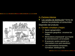 2.- Factores internos
 Los canales de distribución* forma de
acercar los productos al consumidor
Dependen del producto:
a.- Canales complejos y largos:
 Sector agroganadero
 Dispersión geográfica : encarece los
costes
 Minifundismo empresarial* que Impide
la estandarización y el envasado
 El productor vende a granel a un
intermediario (con poco beneficio)
 Los intermediarios transportan,
normalizan, distribuyen etc
 