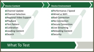 What	To	Test
Device	Content
Channel	Update
Channel	Selection
Regional	Video	Support
Playback
Test	Pattern
Calibration
Loading	Content
Search
Device	Environment
Performance	/	Speed
Wired	vs	WiFi
Bad	Connection
No	Connection
Secure	Connection
Live	Streaming
Reloading	Content
Security
 