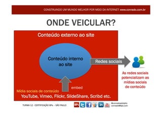 CONSTRUINDO UM MUNDO MELHOR POR MEIO DA INTERNET: www.conrado.com.br




                        ONDE VEICULAR?
                Conteúdo externo ao site



                         Conteúdo interno
                                                       Redes sociais
                              ao site
                                                                           As redes sociais
                                                                           potencializam as
                                                                            mídias sociais
                                             embed                           de conteúdo
Mídia sociais de conteúdo
  YouTube, Vimeo, Flickr, SlideShare, Scribd etc.
                                                                  @conradoadolpho
   TURMA 12 - CERTIFICAÇÃO 8Ps – SÃO PAULO                        conrado@8ps.com
 
