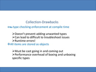 Collection-Drawbacks 
No type checking enforcement at compile time 
Doesn’t prevent adding unwanted types 
Can lead to difficult to troubleshoot issues 
Runtime errors! 
All items are stored as objects 
Must be cast going in and coming out 
Performance overhead of boxing and unboxing 
specific types 
 