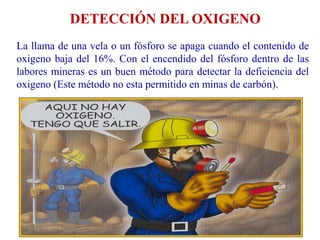 DETECCIÓN DEL OXIGENO
La llama de una vela o un fósforo se apaga cuando el contenido de
oxigeno baja del 16%. Con el encendido del fósforo dentro de las
labores mineras es un buen método para detectar la deficiencia del
oxigeno (Este método no esta permitido en minas de carbón).
 